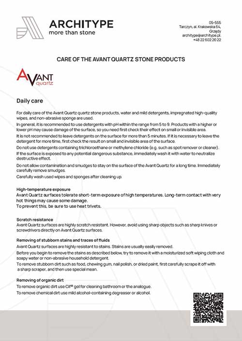 Avant Quartz. Toodete hooldusjuhend